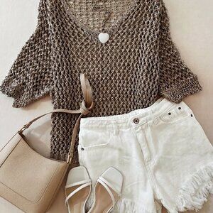 Khaki Casual Women's Loose Knitted V-Neck Sweater with Hollow-Out Short Sleeves